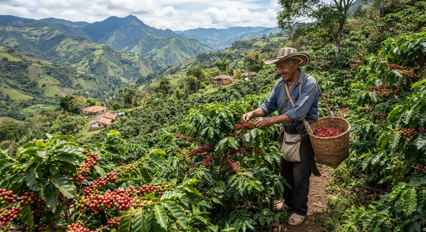 Campesino recolectando café en cafetales de Fresno, Tolima, Colombia